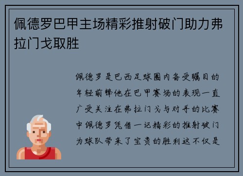 佩德罗巴甲主场精彩推射破门助力弗拉门戈取胜 佩德罗巴甲主场精彩推射破门助力弗拉门戈取胜
